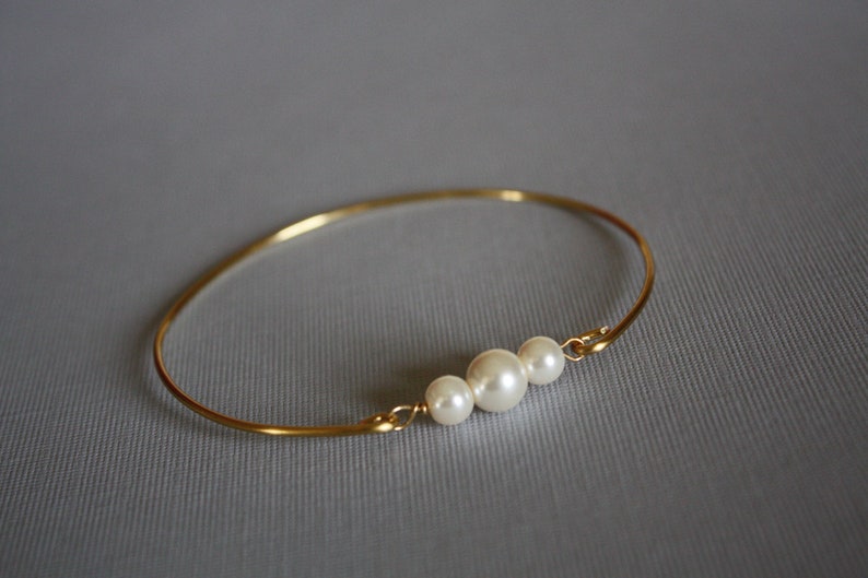 Three Pearl Bracelet Bangle, Past Present Future Jewelry, Girlfriend Gift, Gold Bangle, Bridal bracelet, Bridesmaid,Memorable gifts, image 3