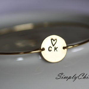 Personalized -Custom,Coin, stamped jewelry, Initial Bracelet, Initial Bangle, Gold Bracelet , Monogram Bracelet,Heart, love, Valentines