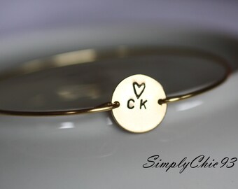 Personalized -Custom,Coin, stamped jewelry, Initial Bracelet, Initial Bangle, Gold Bracelet , Monogram Bracelet,Heart, love, Valentines