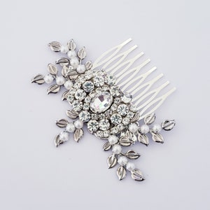 Silver Leaves Pearls Crystals Bridal Hair Comb, Rhinestones and Pearls Bridal Hair Comb,Cut Out Leaves Branches Comb, 2019 Wedding Comb