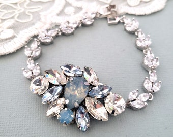 Dusty Blue Crystal Bridal Jewelry, Dusty Blue Crystal Bracelet,Blue Opal Drop Earrings, Light Blue Opal Wedding Brooch, Smoky Blue Crystals