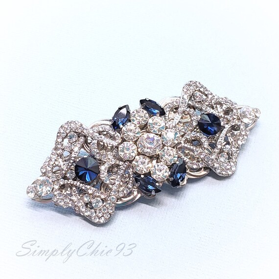 Sapphire Blue Bridal Clip Sterling Silver Ox Barrette Wedding Hair