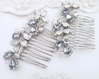 Swarovski Sapphire Blue and White Opal Crystal Comb,Bridal Flower Branch Hair Comb, Light Blue Hair Accessories Jewelry, Blue Bridal Tiara,