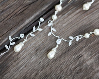 Simple Branch Swarovski Crystal and Pearl Bridal Necklace and Earrings Set