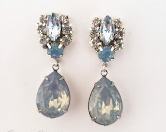 Dusty Blue Crystal Bridal Jewelry, Dusty Blue Crystal Bracelet,Blue Opal Drop Earrings, Light Blue Opal Wedding Brooch, Smoky Blue Crystals
