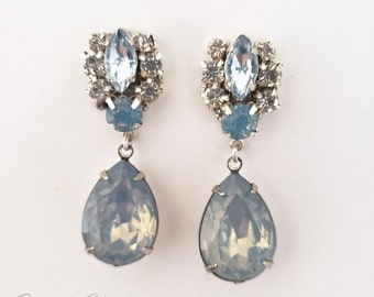 Dusty Blue Crystal Bridal Jewelry, Dusty Blue Crystal Bracelet,Blue Opal Drop Earrings, Light Blue Opal Wedding Brooch, Smoky Blue Crystals