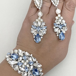 Swarovski Crystal Bridal Earrings, Swarovski Wedding earrings, Large Vintage Earrings, Handmade Chandelier Earrings ,White opal ,Dusty Blue image 1