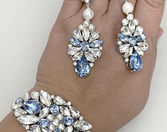 Swarovski Crystal Bridal Earrings, Swarovski Wedding earrings, Large Vintage Earrings, Handmade Chandelier Earrings ,White opal ,Dusty Blue