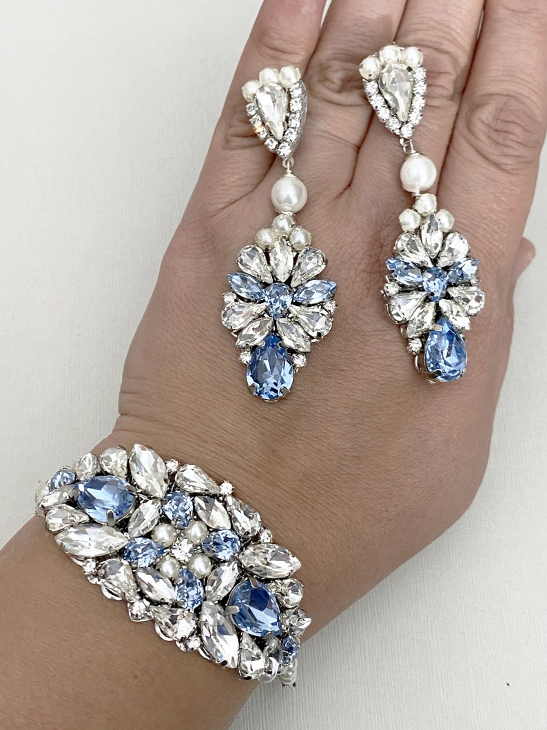 Swarovski Crystal Bridal Earrings, Swarovski Wedding earrings, Large Vintage Earrings, Handmade Chandelier Earrings ,White opal ,Dusty Blue image 1