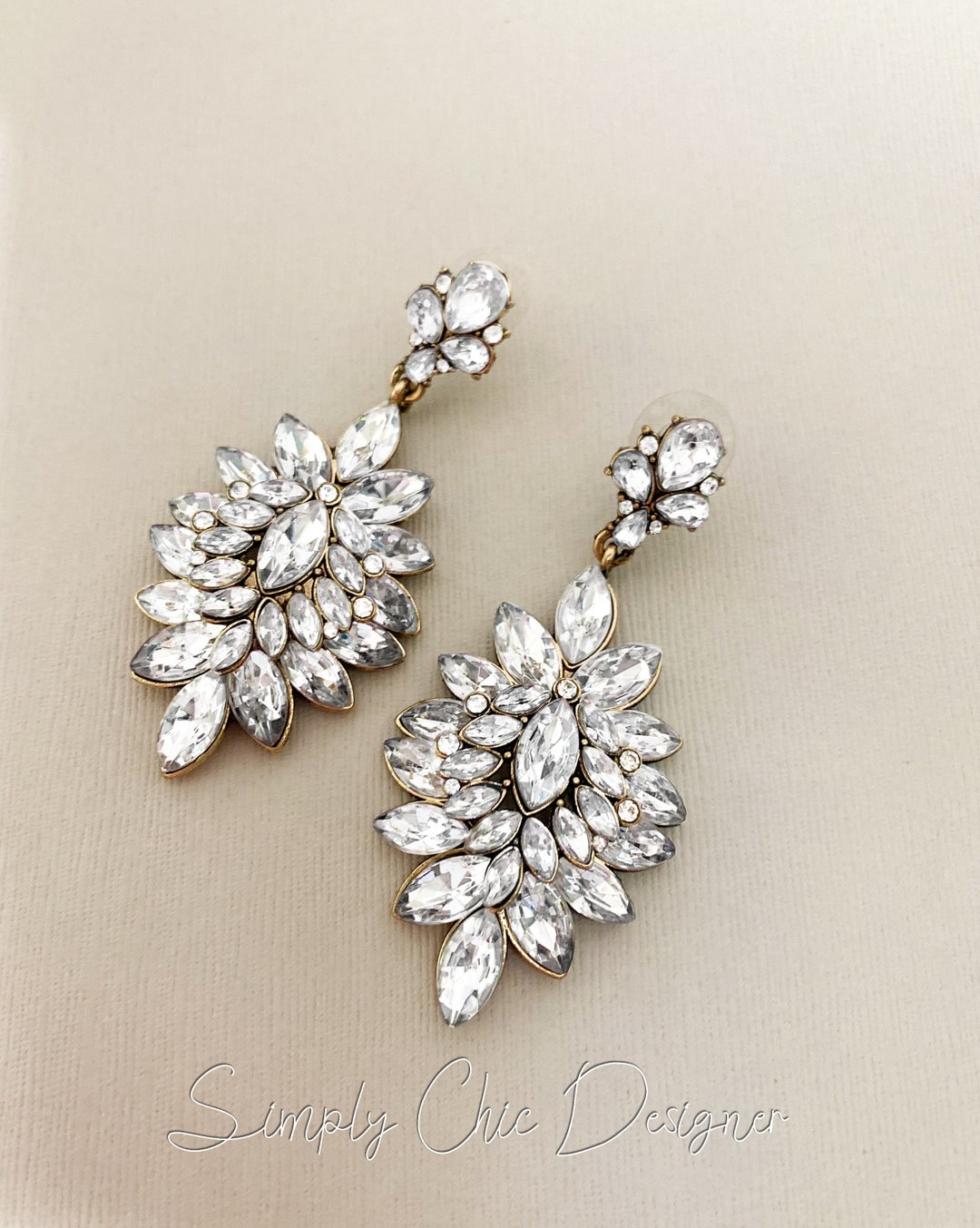 Bridal Couture Statement Earringsantique Gold, Clear Crystal