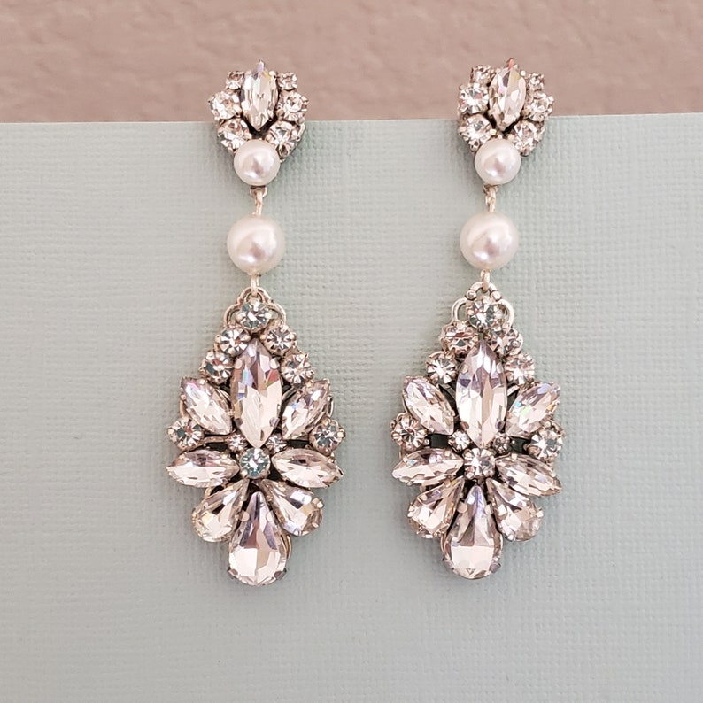 Silver Vintage Swarovski Bridal Earrings, Wedding Statement Jewelry,Long Crystal Earrings,Art Deco Earrings,Pearl chandelier Earrings,Set image 2