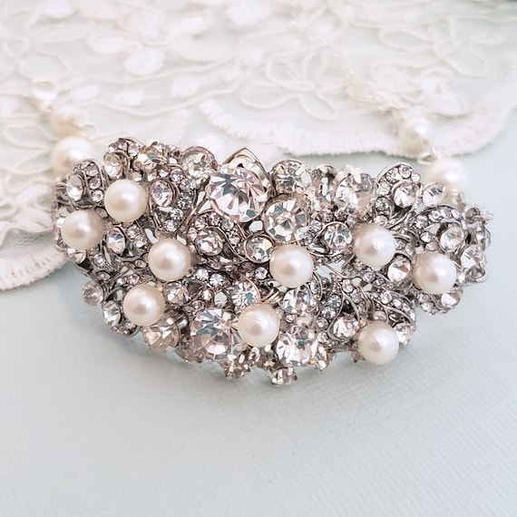 crystal pearl bridal cuff wedding cuff, Bridal pearl crystal cuff bracelet
