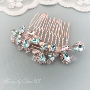 Aquamarine Rose Gold Bridal Hair Comb, Light Blue Wedding Hair Comb, Crystal Hair Piece , Bridesmaids Gifts, Tiara,Rose Gold Swarovski Comb