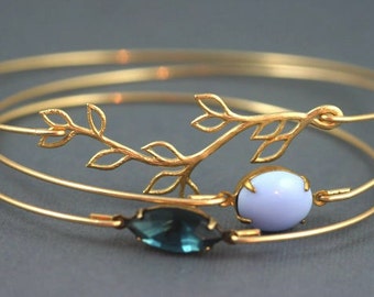 Olive Branch Bangle, Lilac Purple Stone Gold Bangle Bracelet, Montana Blue, Dark Blue Bangle, Long Branch, Branch with Leaves, Greek