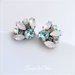 Romantic White Opal Bridal Cluster Studs Earrings, Swarovski Aquamarine Blue Earrings, Wedding Crystal Stud Earrings, Light Blue Earring