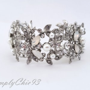 Wedding Cuff Bracelet With Crystals and Pearls, Crystal Leaves Bangle, Spring Wedding Bracelet, White Opal Crystal Bracelet, Ivory Pearls,