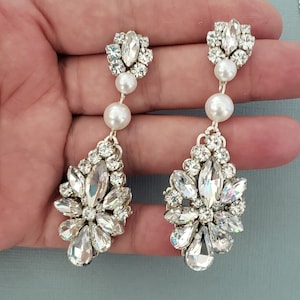 Silver Vintage Swarovski Bridal Earrings, Wedding Statement Jewelry,Long Crystal Earrings,Art Deco Earrings,Pearl chandelier Earrings,Set image 8