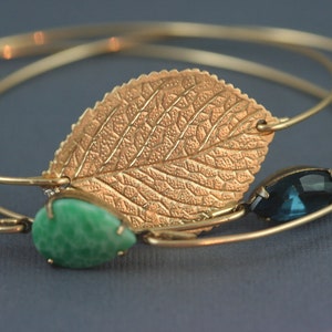 Gold Bangle Bracelet , Leaf Bangle, Wire Bangle, Stacking Bangles, Gold Jewelry, Green Montana Blue stone, Gold Leaf Bracelet,Christmas Gift