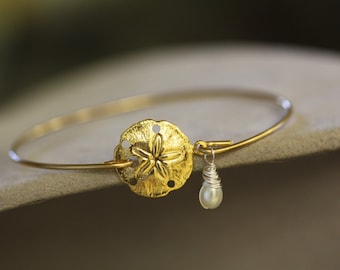 Sand Dollar Bracelet , Gold bangle, pearl bangle, nautical jewelry, Beach