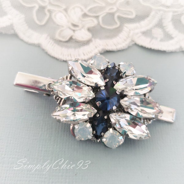 Vintage Fan Shape Crystal Hair Clip Barrette , Art Deco Swarovski Rhinestone Hair Pin , Something Blue Wedding Accessories, Boho Wedding