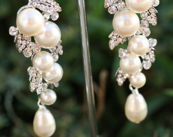 Pearl Earrings- Wedding Jewelry, Bridal Earrings, Swarovski , Lamor Swarovski crystal and pearl bridal  earrings