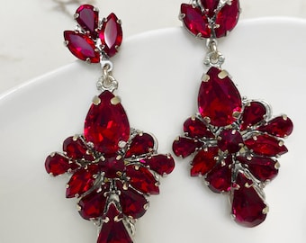 Bridal Couture  Statement Earrings-Deep Red, Ruby Chandelier Earrings, Earrings, Garnet Red Swarovski Cluster Earrings, Bridal Ruby Earrings