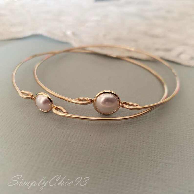 Mother Child Pearl Bangle Mother Gold Bracelet, Single Pearl Cuff Bangle Bracelet, Bridal Jewelry, Bridesmaids Gift, Bridesmaids cuff 2020 image 2
