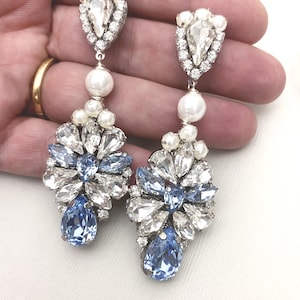 Swarovski Crystal Bridal Earrings, Swarovski Wedding earrings, Large Vintage Earrings, Handmade Chandelier Earrings ,White opal ,Dusty Blue image 2