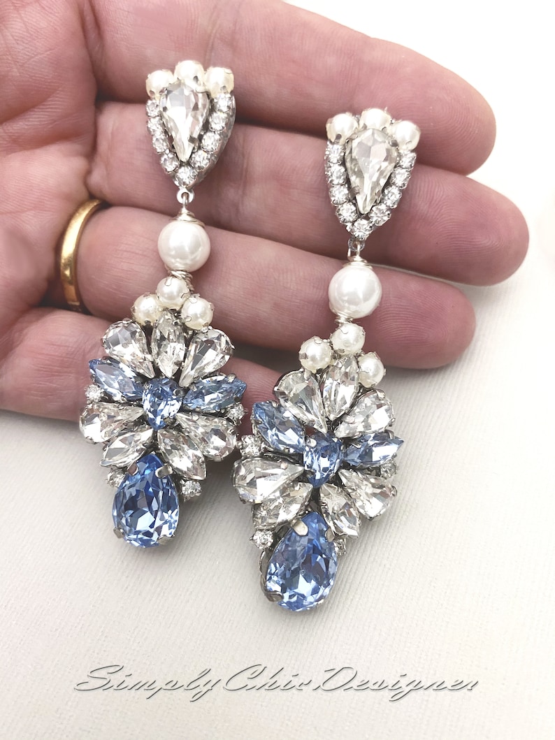 Swarovski Crystal Bridal Earrings, Swarovski Wedding earrings, Large Vintage Earrings, Handmade Chandelier Earrings ,White opal ,Dusty Blue image 2