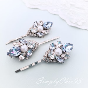 Snow Blue Pins, Light Sapphire Blue Swarovski Crystal Hair Pin. Vintage Dusty Blue Hair Clip,Head Piece, Wedding Crystal Hair Bobby Pin image 1