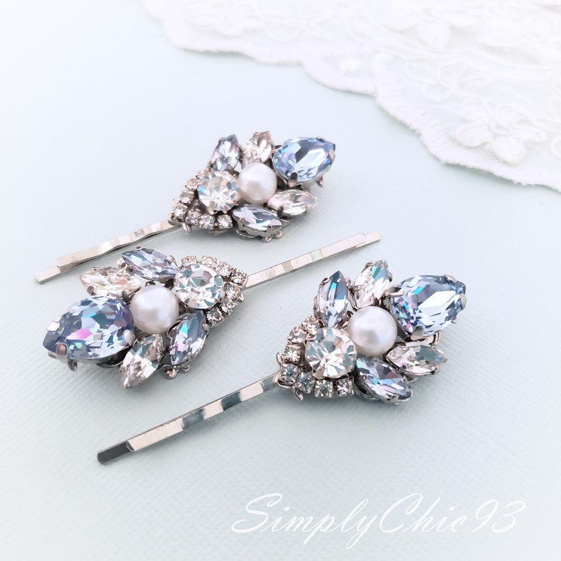 Snow Blue Pins, Light Sapphire Blue Swarovski Crystal Hair Pin. Vintage Dusty Blue Hair Clip,Head Piece, Wedding Crystal Hair Bobby Pin image 1