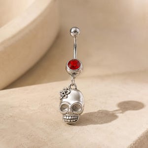 Gothic Skull Belly Ring, Red Gem Navel Piercing, Dangle Navel Jewelry, Halloween Body Jewelry, Punk Alternative Belly Button Ring