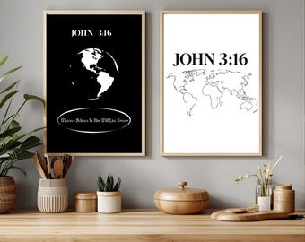 Mapa del mundo con Juan 3:16, lámina minimalista con versículo bíblico cristiano (descarga digital).