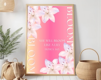 Impression d'art mural biblique | Lys roses en dégradé, verset biblique Osée 14:5 (téléchargement numérique)