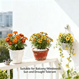 May include: Three potted flowering plants on a white railing. The plants include orange and red marigolds in a white pot, yellow and maroon flowers in a terracotta pot, and yellow hanging flowers in a white hanging pot. A small watering can is also present.