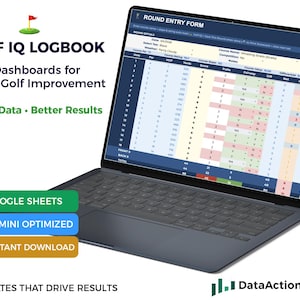 May include: A laptop showing a golf logbook with the title "GOLF IQ LOGBOOK". The screen displays a spreadsheet with data entry fields. The image includes the text "Four Dashboards for Rapid Golf Improvement" and "Better Data • Better Results".