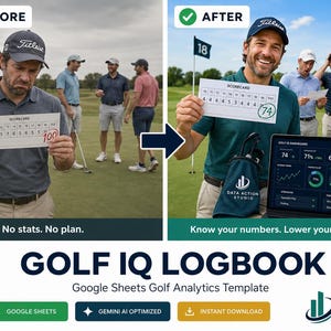 Può includere: Un'immagine a tema golf mostra un confronto 'prima e dopo' di un tabellino. L'immagine 'prima' mostra un punteggio di 100, l'immagine 'dopo' mostra un punteggio di 74. Il testo recita "GOLF IQ LOGBOOK" e "Conosci i tuoi numeri. Abbassa i tuoi punteggi."