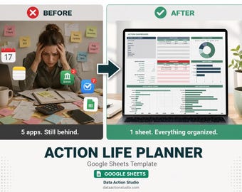 Modèle de feuilles de calcul Google Action Life Planner | Tableau de bord du planificateur de tâches, d'habitudes et de budget (téléchargement numérique)