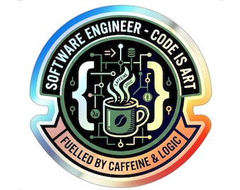 Holographic Software Engineer Sticker – Retro Code, Caffeine Logic Decal