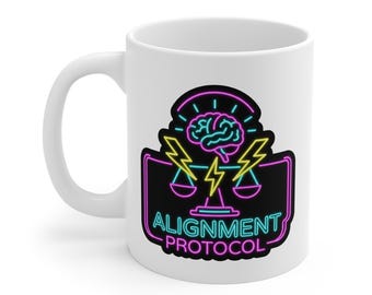 AI Alignment Protocol Neon Mug, Cyberpunk Brain Scale Tech Geek Coffee Cup