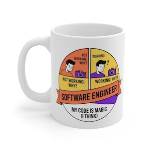 May include: White ceramic mug with a handle, featuring a humorous design for software engineers. The design includes text and graphics depicting the phrases "Not Working: Why?" and "Working: Why?" with the text "SOFTWARE ENGINEER" and "MY CODE IS MAGIC (I THINK)".