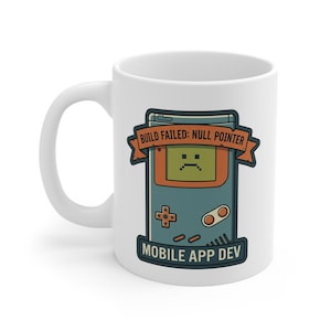 Mok voor mobiele app-ontwikkelaar, koffiekop met nullpointer bouwen mislukt, cadeau retro gaming-techneut