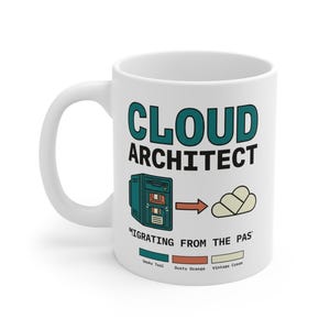 May include: White ceramic mug with the words "CLOUD ARCHITECT" in teal and black. The mug features a teal computer graphic with an arrow pointing to a cloud graphic. The text "MIGRATING FROM THE PAS" is below the graphics.