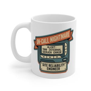May include: White ceramic mug featuring a design with the text "ON-CALL NIGHTMARE" above a retro pager graphic. The pager displays "ALERT: 500 INTERNAL SERVER ERROR" and the text "SITE RELIABILITY ENGINEER" is below.