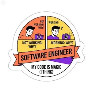 May include: A white sticker with a design for software engineers. The design includes two cartoon figures, one with a sad face and the other with a questioning face. Text includes "NOT WORKING: WHY?" and "MY CODE IS MAGIC (I THINK)".