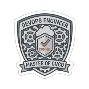 May include: A sticker with a shield design featuring the text "DevOps Engineer" and "Master of CI/CD." The design includes gears, a cloud, and a checkmark with the word "Commit."