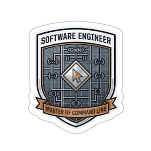 Może przedstawiać: Naklejka z motywem tarczy. U góry napis "SOFTWARE ENGINEER", a na bannerze "MASTER OF COMMAND LINE". Tarcza ma wzór siatki z ikoną kursora pośrodku i symbolami kodu.