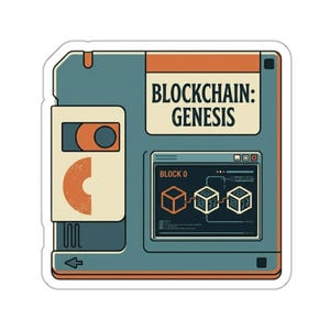 Puede incluir: Una pegatina con un diseño retro en tonos turquesa y naranja. Muestra un dispositivo de almacenamiento informático con el texto "BLOCKCHAIN: GENESIS" y un gráfico de bloques interconectados, que representa la tecnología blockchain.