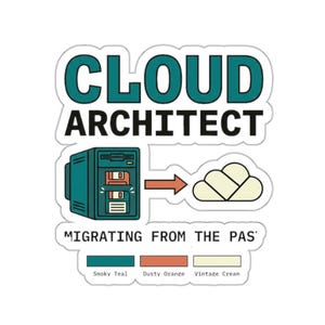 Puede incluir: Una pegatina con las palabras "CLOUD ARCHITECT" en verde azulado y negro. Muestra un ordenador verde azulado con una flecha que apunta a un gráfico de nube. El texto "MIGRATING FROM THE PAS" está debajo, con muestras de color.