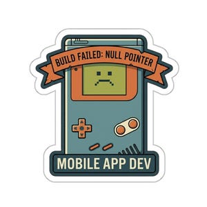 以下が含まれることがあります： 水色、オレンジ、ベージュのレトロな携帯ゲーム機デザインのステッカー。画面には悲しい顔が表示されています。「BUILD FAILED: NULL POINTER」と「MOBILE APP DEV」の文字が含まれています。